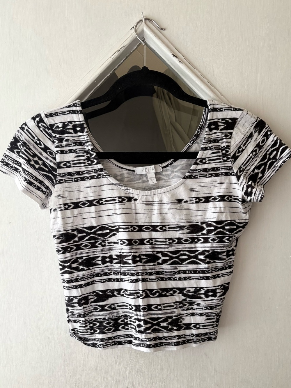 White & Black Patterned Scoop Neck Crop Top from Delia’s